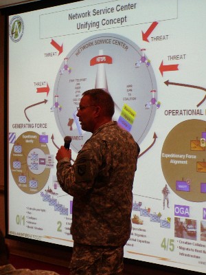 Col. David DeVries, USA, Network Enterprise Technology Command/9th Signal Command, addresses the March meeting.